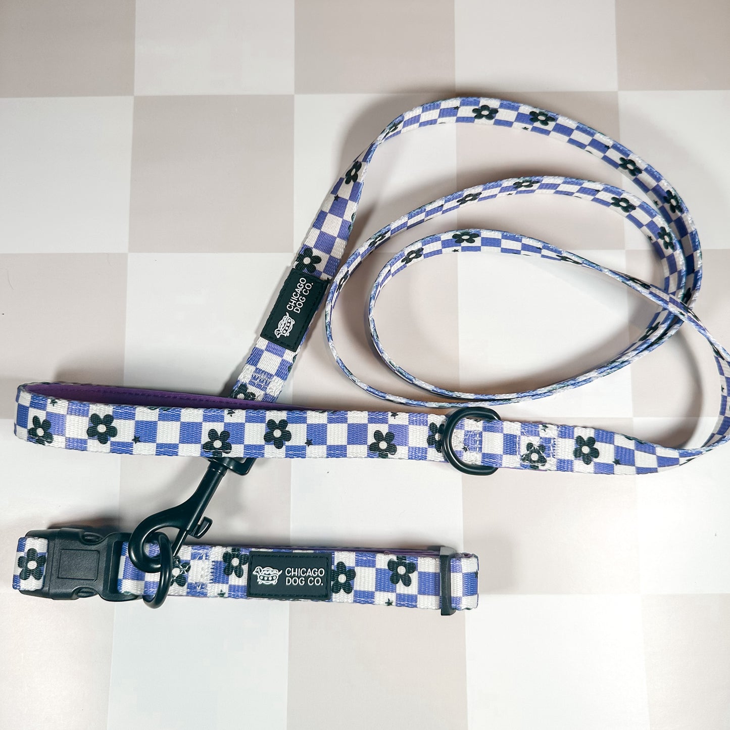 Purple Checkered Flower Harness, Collar, Leash and Poop Bag Holder Bundle