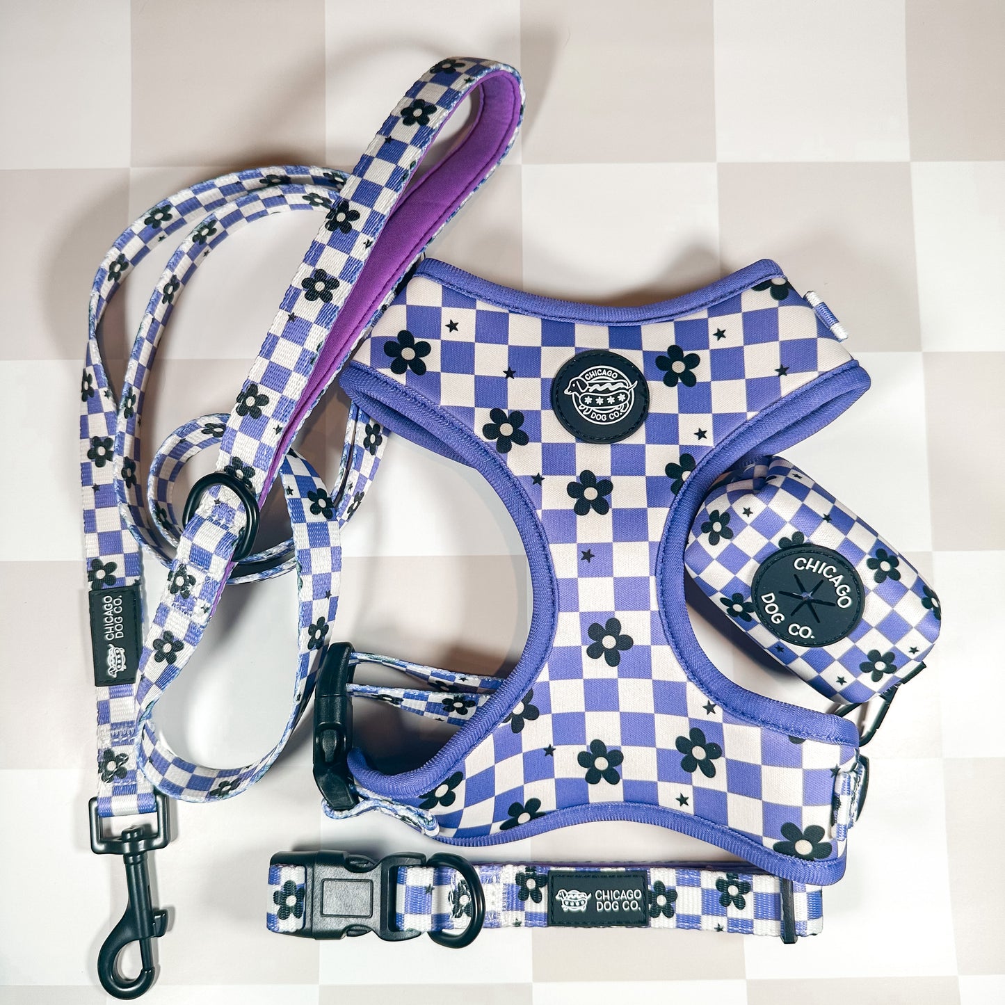 Purple Checkered Flower Harness, Collar, Leash and Poop Bag Holder Bundle