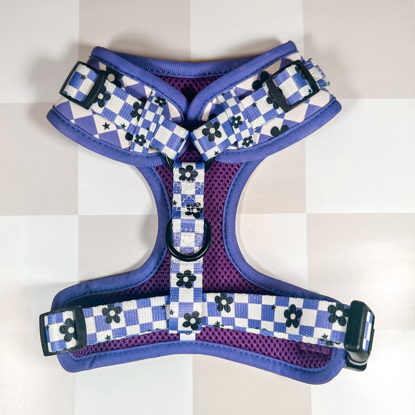 Purple Checkered Flower Harness, Collar, Leash and Poop Bag Holder Bundle