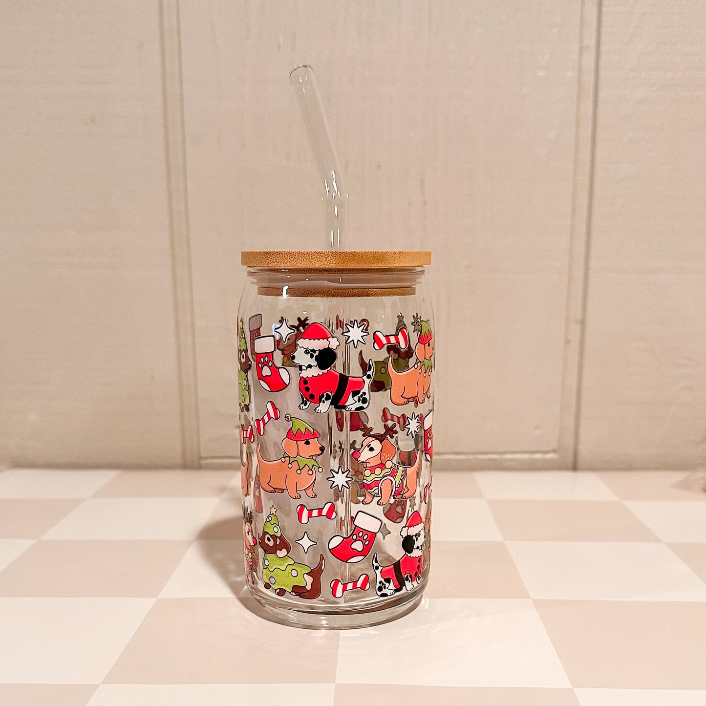 Christmas Dogs 16oz Glass Cup