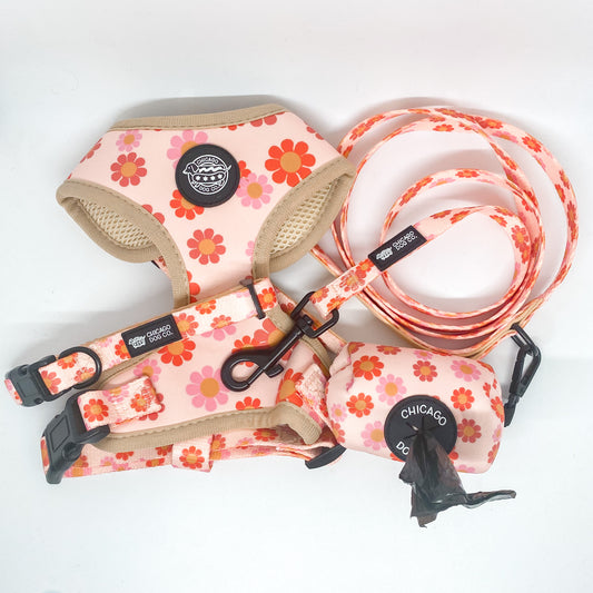 Flower Power Harness, Collar, Leash and Poop Bag Holder Bundle