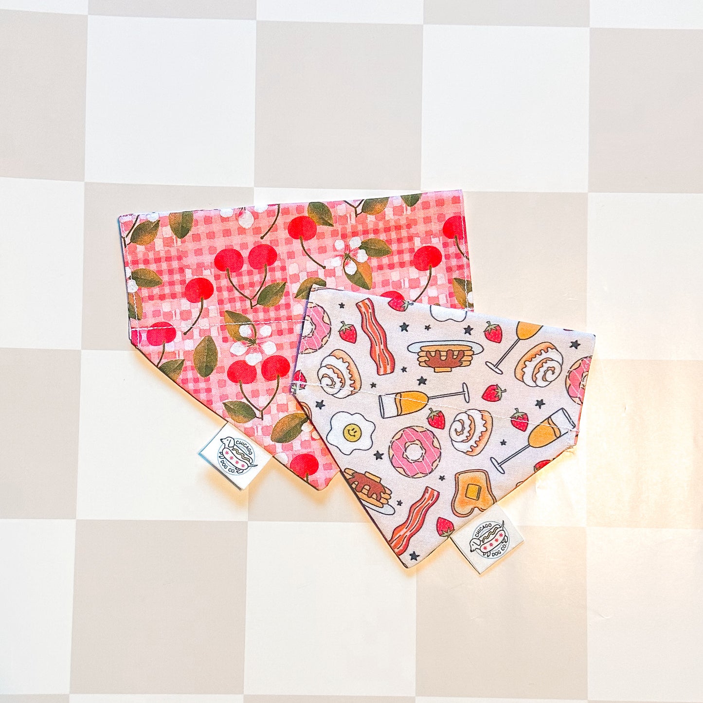 Reversible pink cherries and brunch print bandana for dogs and cats 