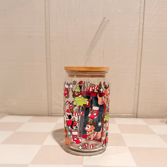 Christmas Dogs 16oz Glass Cup