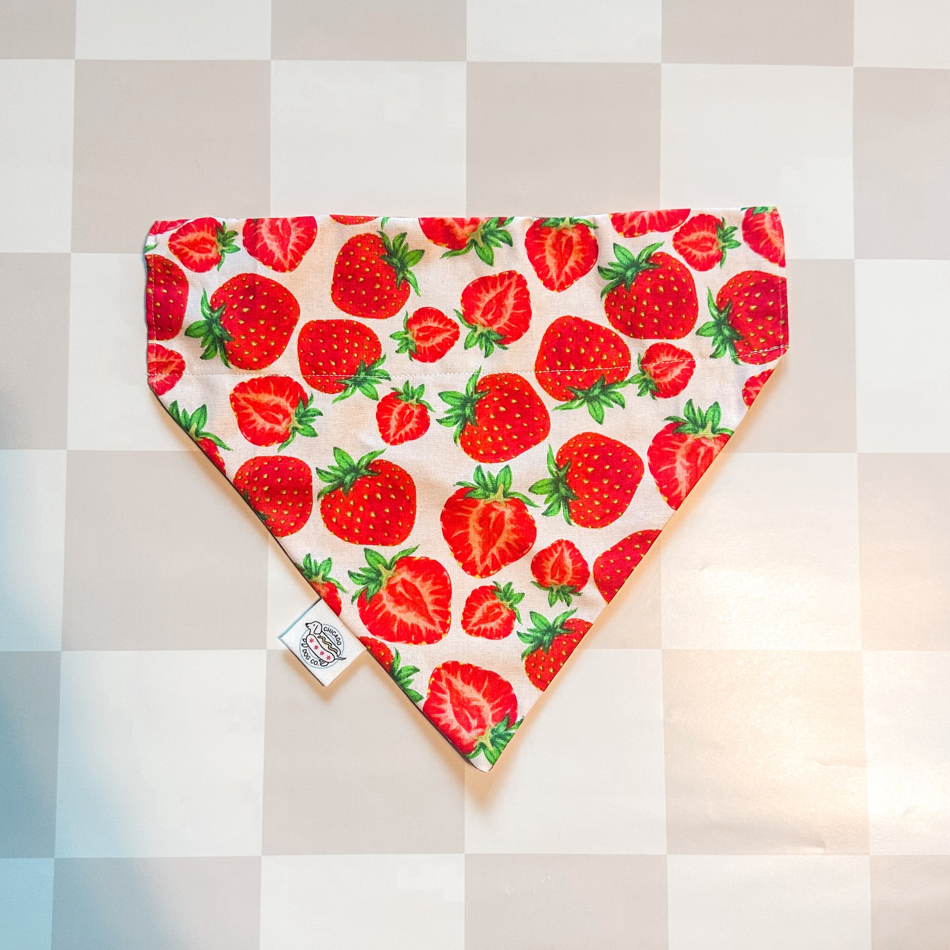 Strawberry patterned bandana on a checkered background