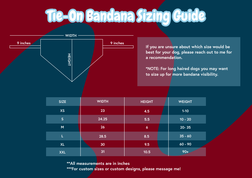 sizing guide for tie on pet bandana