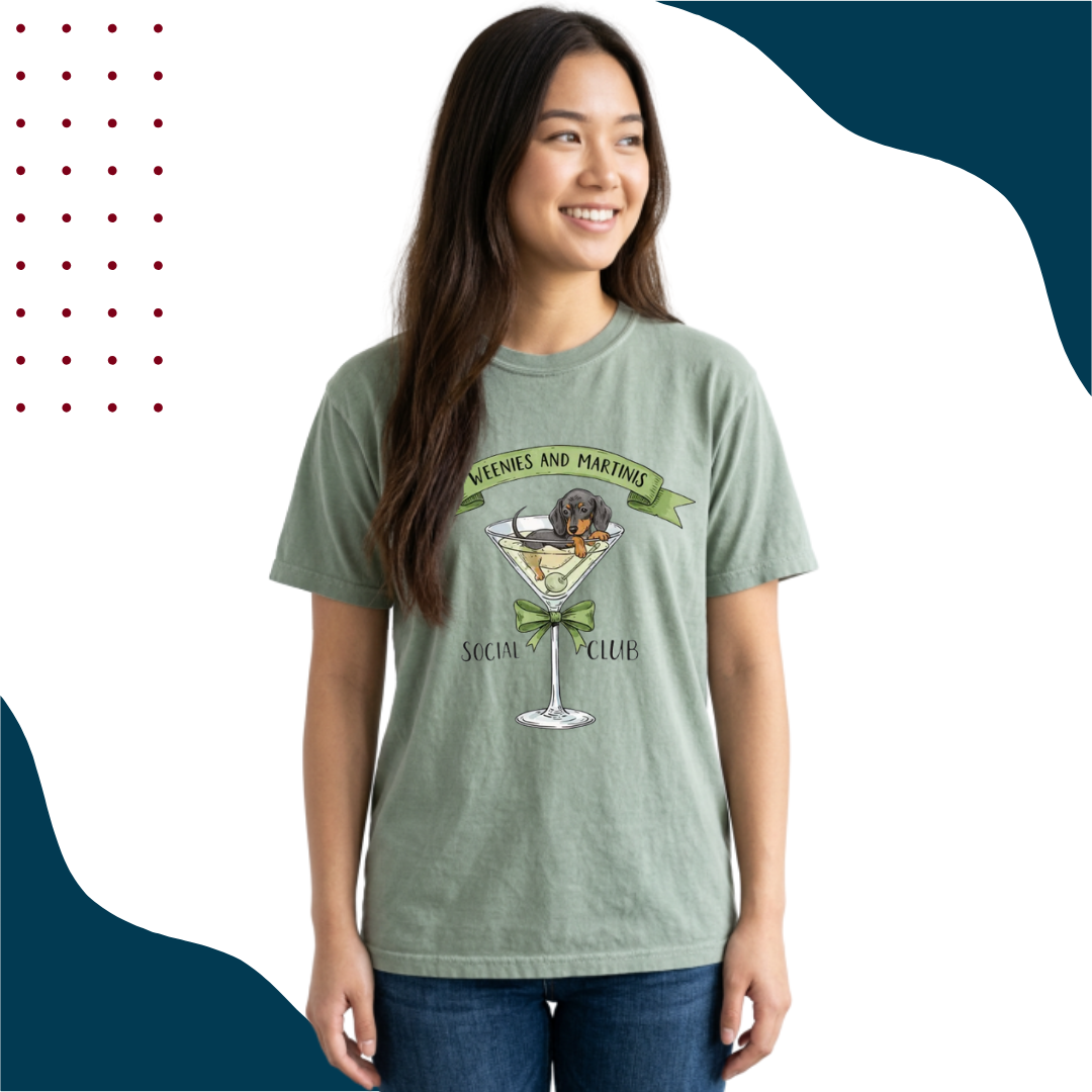 Woman wearing a green t-shirt with a wiener dog in a martini glass